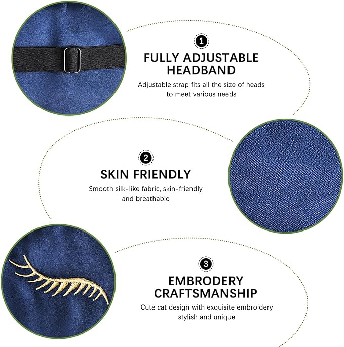 Cute Cat Silk Sleep Mask Adjustable Eye Masks Sleeping Mask Eye Cover Soft Satin Blindfold for Girls Women Men Travel Nap - Navy Blue