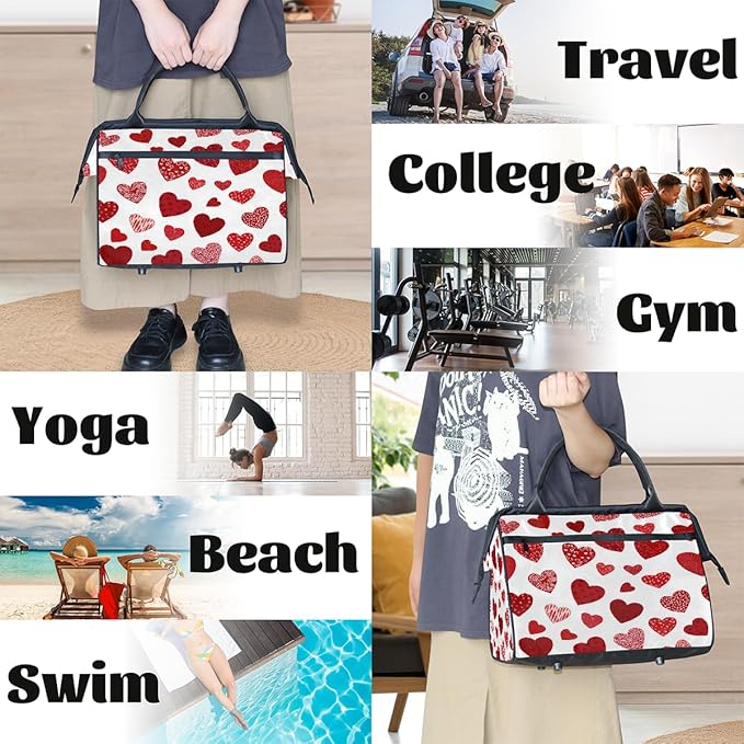 Shiny Red Hearts Overnight Weekender Bags for Women Men, Waterproof Travel Carry On Duffel Bag, Lightweight Sports Gym Bag for Fitness, Workout, Travel