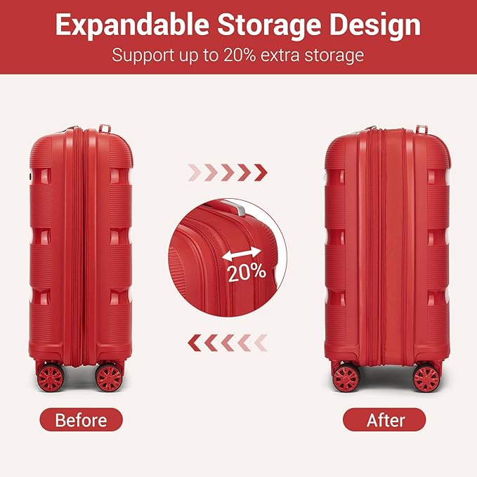 Kono Luggage Sets 3 Piece Hard Shell Travel Trolley 4 Spinner Wheels Lightweight Polypropylene Suitcase with TSA Lock (Red, 20/24/28 Set)