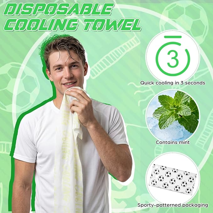 Frienda 12 Count Disposable Cooling Towel, 23.6''x 7.9'' Large Cooling Body Wipes, Baseball Basketball Softball Soccer Ice Towel for Hot Weather, Individually Wrapped for Sport Player (Soccer)