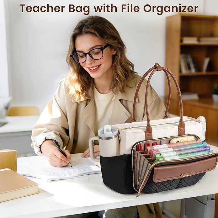 LOVEVOOK Teacher Tote Bag for Women, Laptop Bag Briefcase with Accordion File Pocket, Nurse Handbag for Work, Travel, College | Large Cup Holder, Laptop Compartment, Trolley Sleeve