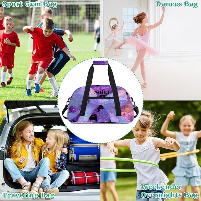 Custom Name Girls Gym Travel Duffle Bag with Front Zipper Pocket Personalized Sports Bag for Overnight, Weekender, Carry On,Workout & Dance, 18.9 * 8.7 * 10.6 in，Purple Bow