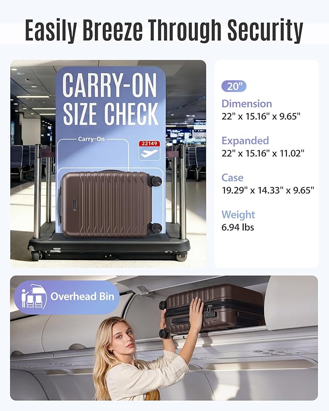 LIGHT FLIGHT Expandable Carry On Luggage 22x14x9 Airline Approved with Double Spinner Wheels, 20 Inch Lightweight Hard Shell Rolling Suitcases with TSA Lock, Brown