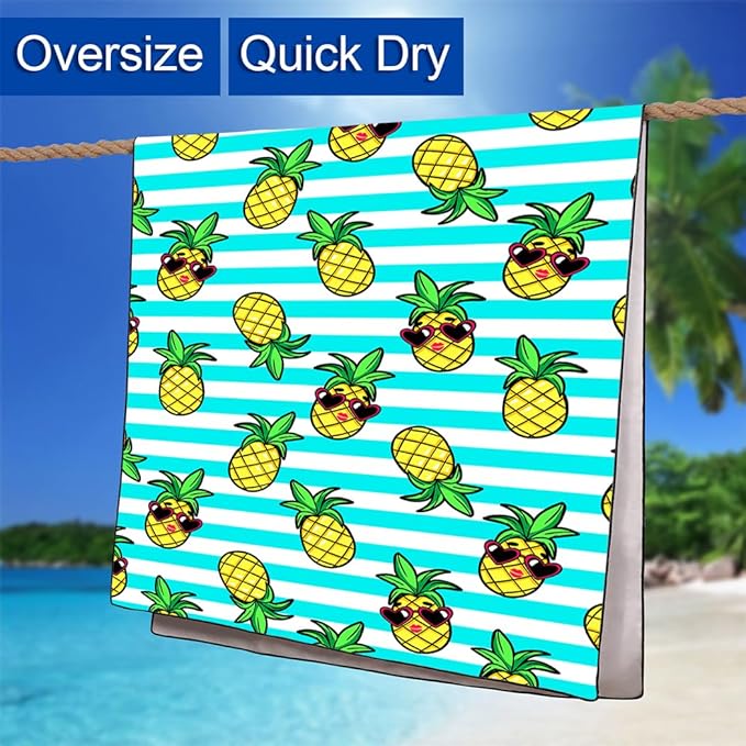 Cute Pineapple Beach Towel, 36"x72" Sand Free Quick Dry Thin Lightweight Microfiber Striped Towel Gifts for Boys