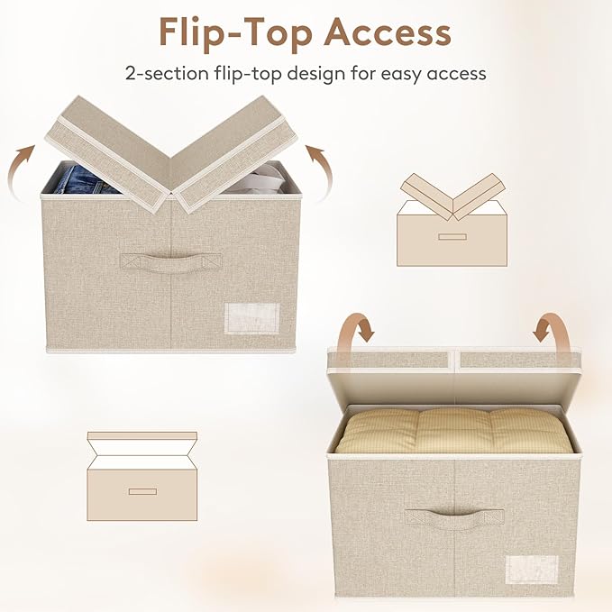 Lifewit Clothes Storage Bins with Lids, Fabric Foldable Storage Boxes with Handles, Decorative Closet Organizer, Stackable Cube Baskets Container for Bedroom, Office, 34.5L Large Beige, 2 Packs