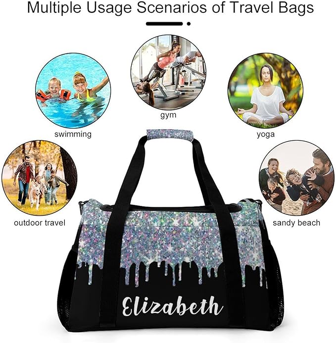 Sparkle Colorful Silver Glitter Print Shoe Bag Waterproof Travel Bag Duffel Bag Adjustable Shoulder Strap Perform Training for Women Men Casual Bag
