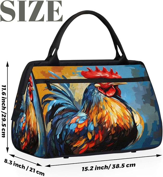 Multipurpose Duffle Bag, Waterproof Carry On Bag with Spacious Design, Rooster Chicken Painting Gym Bags, 15.2x8.3x11.6in