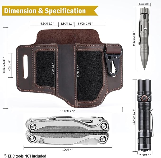 VIPERADE PL3 Multitool Sheath, Leather Sheath with DIY Patch Area, EDC Pocket Organizer for Men, Leatherman Sheath Flashlight Holder with Pen Holder, EDC Belt Organizer with Key Holder (A-Dark Brown)
