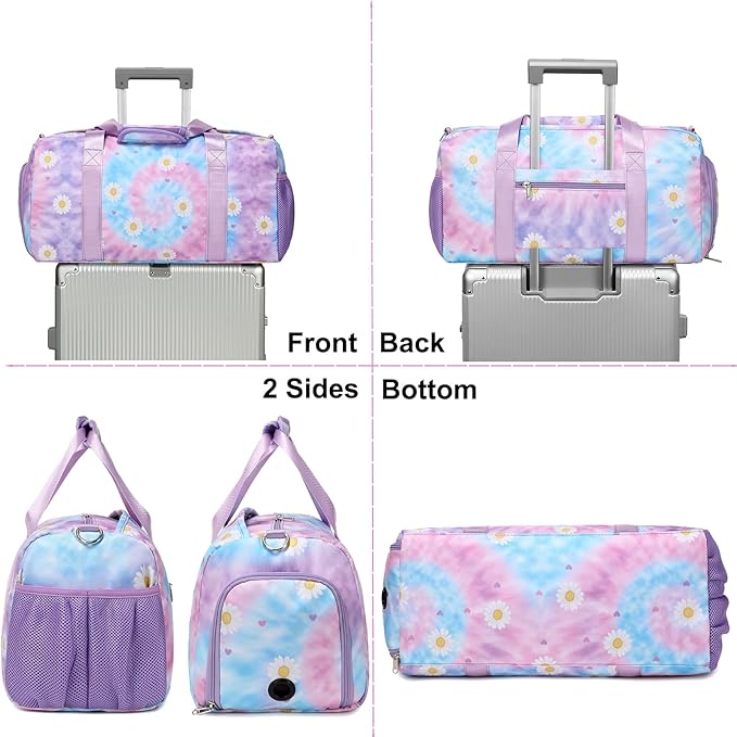 Dance Bag for Girls Sports Duffle Weekender Overnight Ballet Sports Gym Bag with Shoes Compartment (Tie Dye Daisy Purple)