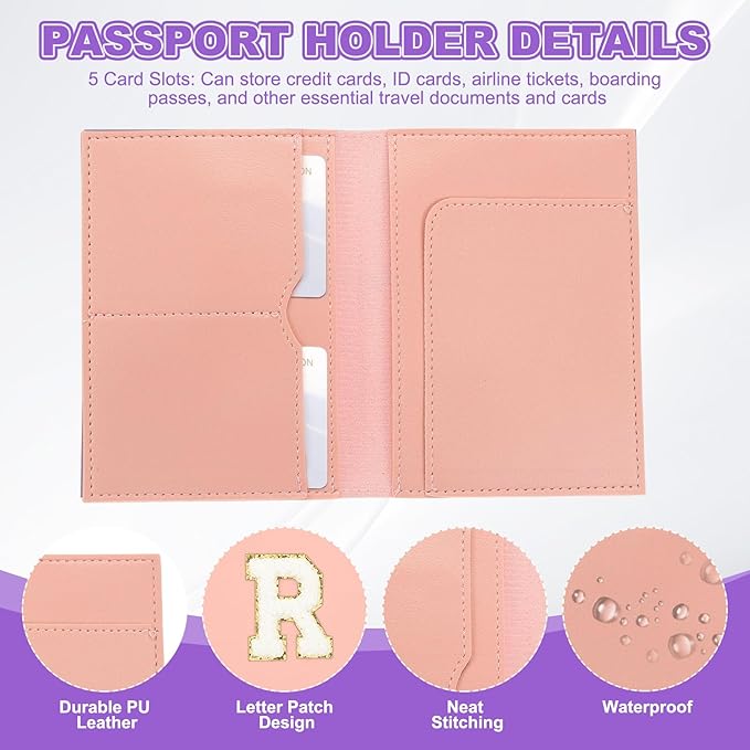 PATIKIL Passport Holder for Travel, Initial Passport Cover and Luggage Tag Set with Alphabet Chenille Letter Patch Travel Wallet Bag Suitcase Identifier for Women Family Travel Pink R