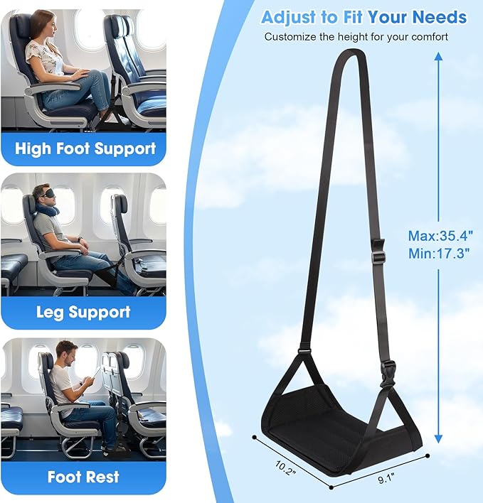 Airplane Foot Rest - Lightweight Foot Hammock for Plane Travel with Adjustable Strap & Thick Board, Tray Table Under Desk Footrest to Relax Feet, Travel Essentials for Long Flights(Black)