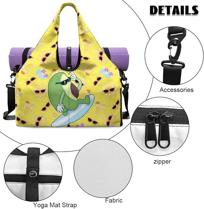 Cute Avocado Print Sports Bag with Shoe Compartment, Lightweight Yellow Duffel Bag with Yoga Holder Pockets Fitness Workout Multi-Functional Black Gym Bag with Wet Pockets