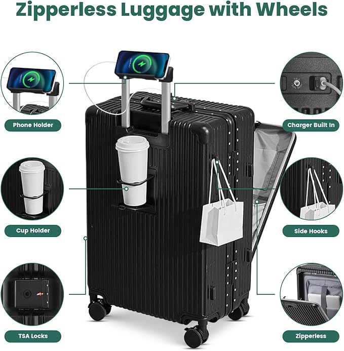 20 Inch Aluminum Frame Carry On Luggage with Front Pocket, USB Port, Phone Holder & Cup Holder, Hard Shell Spinner Suitcase for Airplane Travel, Black