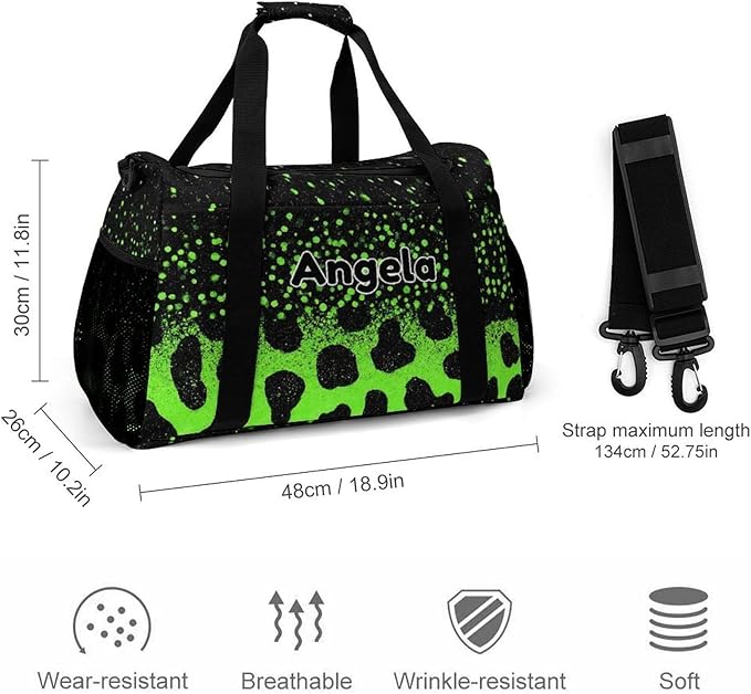 Green Leopard Bling Print Personalized Travel Bag with Name for Women Men Custom Duffel Bag Weekender Bags Sports Tote Gym Bags