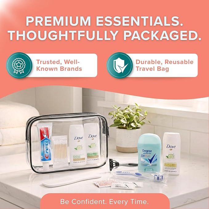 Trektote 12-Piece Women’s Travel Hygiene Kit with Toiletries & Grooming Essentials, TSA-Compliant, Clear Cosmetic Bag, Available in Bulk