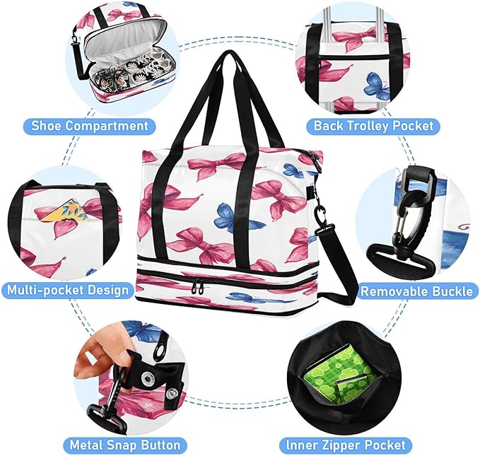 Travel Duffel Bags for Women Red Bow & Blue Butterfly Sports Duffel Bags Gym Bags with Shoes Compartment Tote Bag Weekender Bag for Travelling