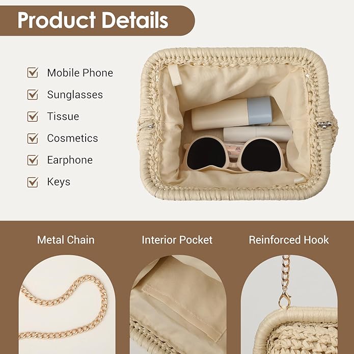 Clothirily Straw Clutch Purses for Women, Cloud Dumpling Woven Bag with Detachable Chain, Beach Crossbody Shoulder Handbag