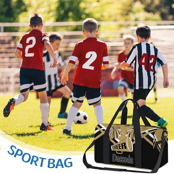 Custom Cheerleading Dance Bag, Personalized Large Sports Gym Travel Sleepover Duffle Bag with Name for Trip, Yellow Gold Glitter Black Cheer