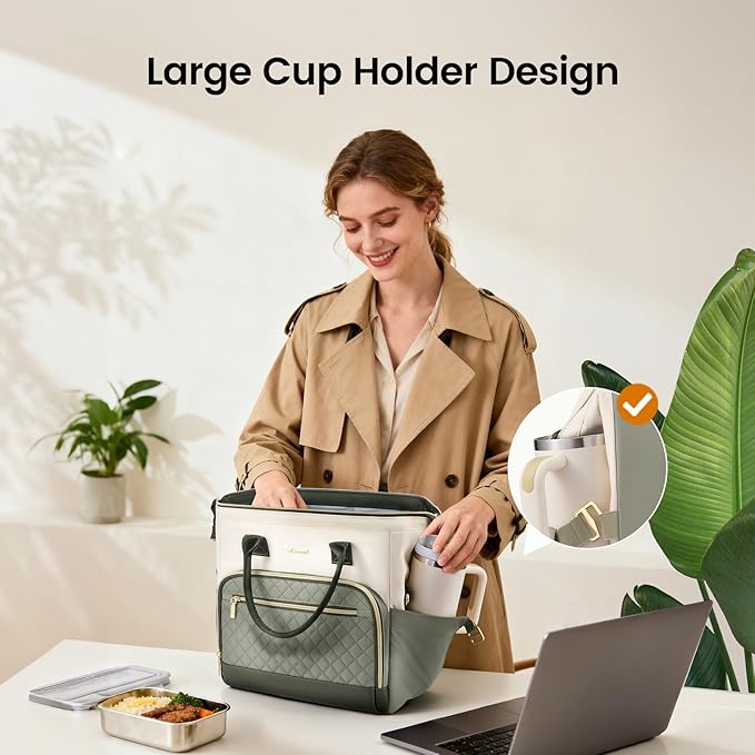 LOVEVOOK Lunch Bag Women, Insulated Adult Lunch Box for Women Work, Wide Opening Leakproof Cooler Tote Bag for Office Campus Picnic Beach with Shoulder Strap, Loncheras Para Mujer with Cup Holder
