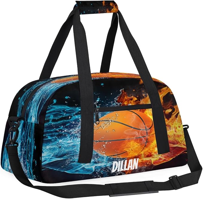 Custom Name Sports Bag for Kids Boys, Personalized Gym Duffel Fitness Travel Weekender Tote Carry-On Training Perform Bag Soccer Fire