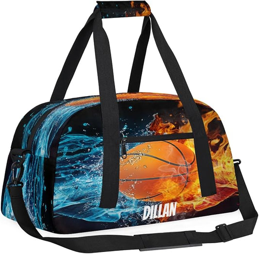 Custom Name Sports Bag for Kids Boys, Personalized Gym Duffel Fitness Travel Weekender Tote Carry-On Training Perform Bag Soccer Fire
