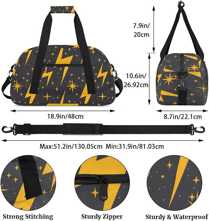 Golden Lightning Gym Travel Duffle Bag for Women & Men with Front Zipper Pocket for Sports, Overnight, Weekender, Carry On,Workout & Dance Bag,Lightning,18.9 * 8.7 * 10.6 in