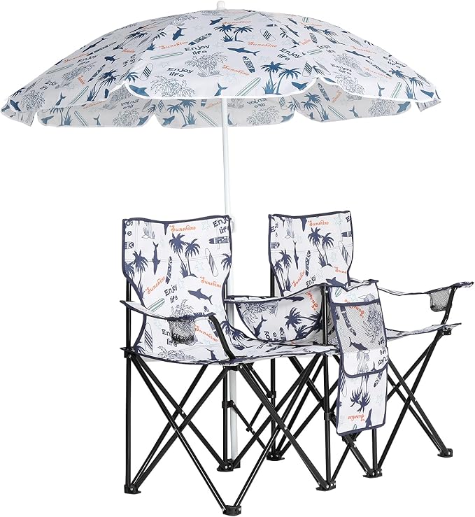 Double Folding Camping Chair W/Umbrella Fold Up Table Beverage Holder Carrying Bag Cooler for Patio Pool Park Outdoor Beach, Picnic, Portable (Coconut)