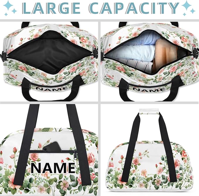 Leaves Floral Rose Mini Gym Bag 18 inch for Women Men Waterproof Custom Pink Flowers Travel Duffel Bag Carry On Overnight Tote Nurse Bag for Work Fitness Hiking