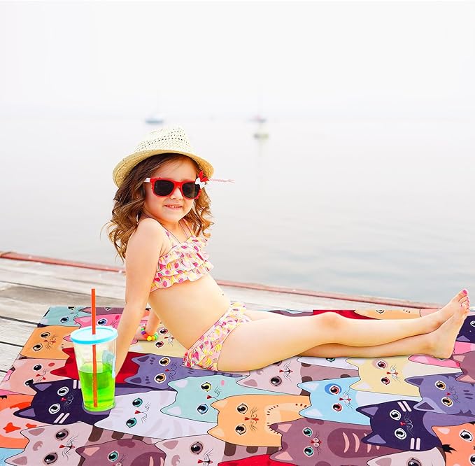 LIVILAN Small Kitten Cat Beach Towel, 24" X 48" Soft Microfiber, Absorbent, Quick Dry, Sand Free, Light, Multiuse for Bath, Pool, Swim, Cute Cat Gifts