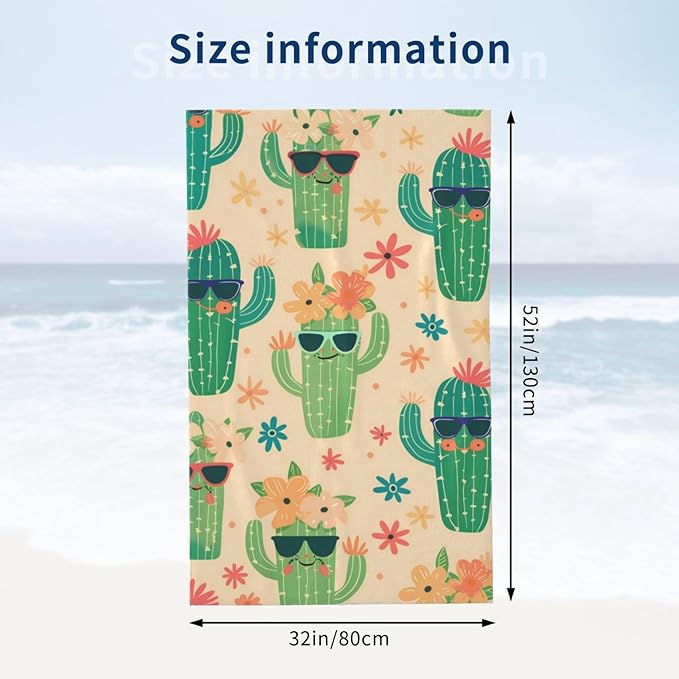 Cactus Fun Beach Towel 31inx51in, Desert Sand-Free Microfiber Bath Towel Ultra Soft Quick Dry Pool Towel Absorbent Towel Lightweight Towel for Swimming Bathroom Decor