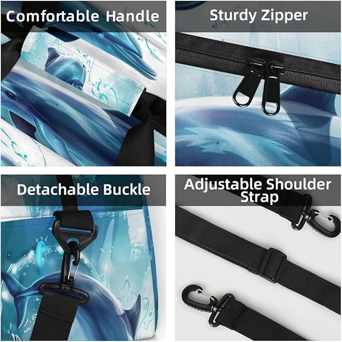 Dolphin Watercolor Print Sports Duffel Bags, Water-Resistant Gym Duffle Bag for Men Women, Lightweight Weekender Overnight Bag for Fitness, Workout, Travel