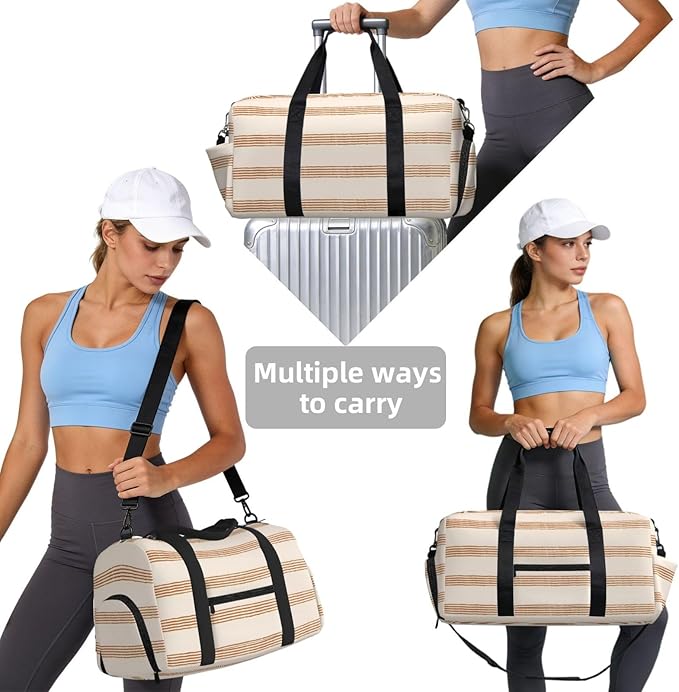 Terracotta Cream Modern Minimalist Stripe Boho Women'S Gym Duffle Bag With Shoes Compartment, Ideal For Travel, Gym, Sports, Duffel, Weekender