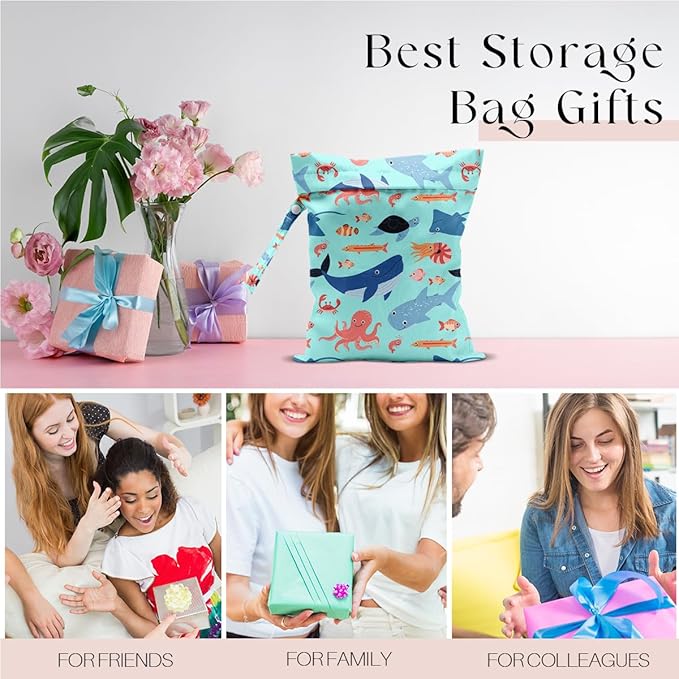 Wet Bag for Swimsuit, Beach Travel EssentialsMarine Animals Pattern Wet Dry Bag, for Sunscreen Toiletry Dirty Clothes Yoga Gym Diaper, Friends Summer Beach Vacation Essentials Gifts