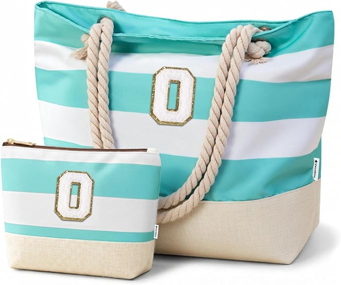 Vavabox Initial Beach Tote Bag for Women, Water-resistant Foldable Travel Beach Bag Set, Birthday Gifts for Women Mom