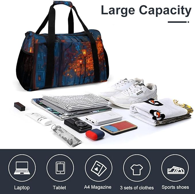Autumn Path with Streetlights Duffle Bag Gym Bag for Workout Travel Tote with Detachable Straps