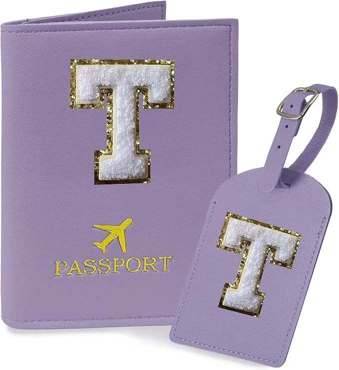 COSHAYSOO Purple Passport Cover Holder and Initial Luggage Tag Set TSA Approved with Chenille Letter Patch for Women Teen Girls Couples, Preppy Travel Bag Suitcase Identifier (T)