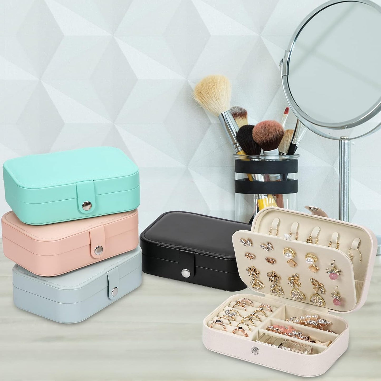 Travel Jewelry Box, PU leather Small Jewelry Organizer For Female Girls, double layer portable mini travel case for storing earrings, rings, necklaces.(white 2pcs)