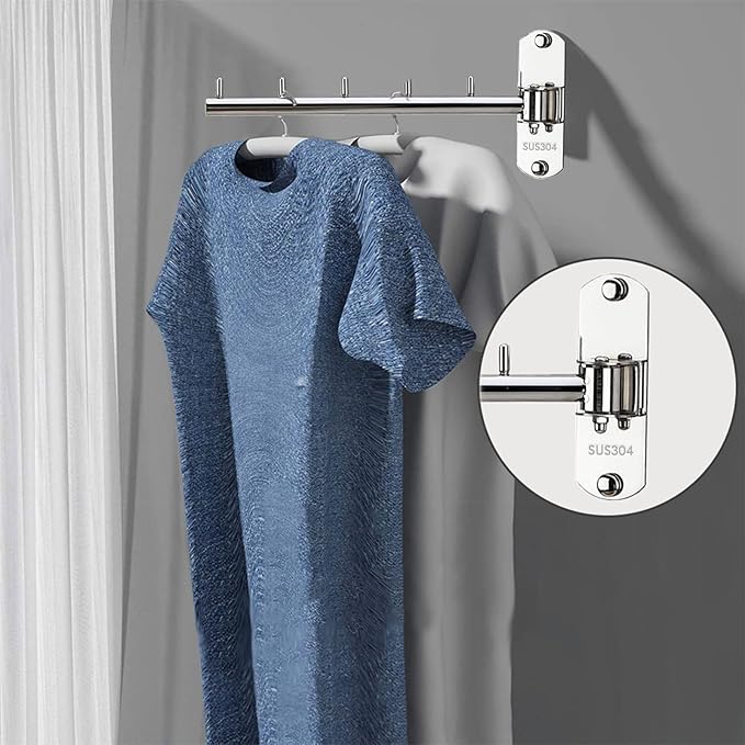 Pack of 2 Folding Wall Mounted Clothes Hanger Rack with Swing Arm Stainless Steel Heavy Duty Coat Hook for Bathroom, Bedroom, Laundry Room - Silver
