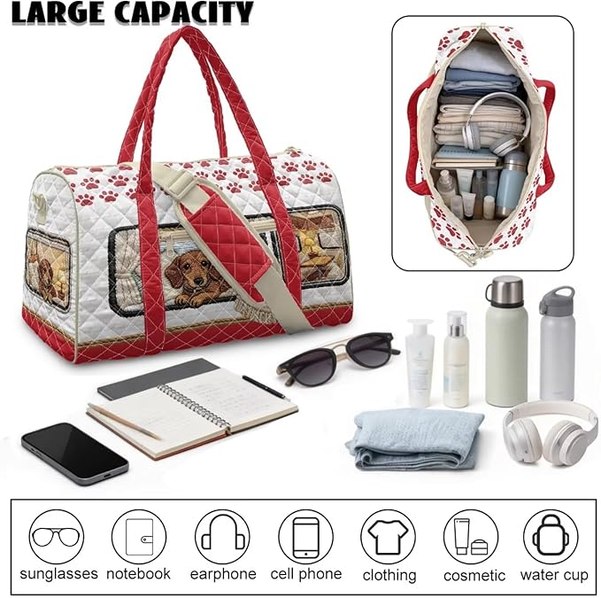 COEQINE Red Quilted Travel Bag for Women Cute Dachshund Dog Camper Car Print Quilted Tote Bag Large Car for Travel Duffle Bag Weekender Carry on Gym Backpack Purses for Womens