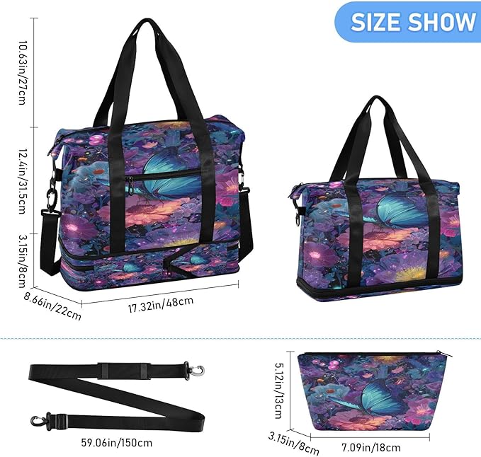 Travel Duffel Bags for Women Butterfly in Dark Florals Print Sports Duffel Bags Gym Bags with Shoes Compartment Tote Bag Weekender Bag for Travelling