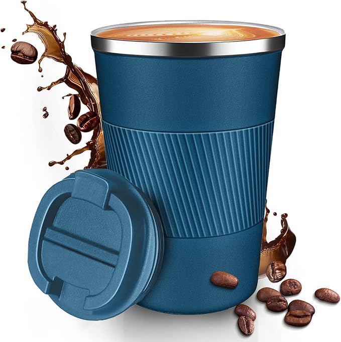 12OZ Travel Coffee Mug Insulated Coffee Cup with Spill Leak Proof Lid, Portable Stainless Steel Tumbler Reusable Hot and Cold Water Mug for Car, Daily, Camping- Blue