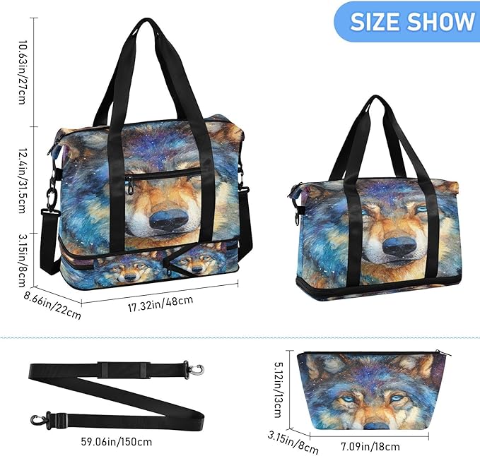 Travel Duffel Bags for Women Cosmic Wolf Portrait Print Sports Duffel Bags Gym Bags with Shoes Compartment Tote Bag Weekender Bag for Travelling
