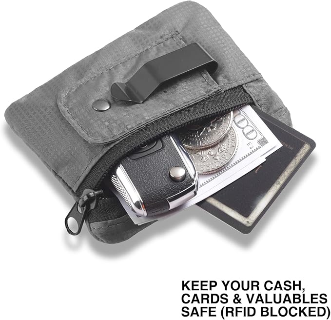 RFID Blocking Clip Stash Pocket, Compact Hidden Travel Belt Wallet for Cards & Cash - Slim Pickpocket-Proof Design for Everyday Carry, Grey