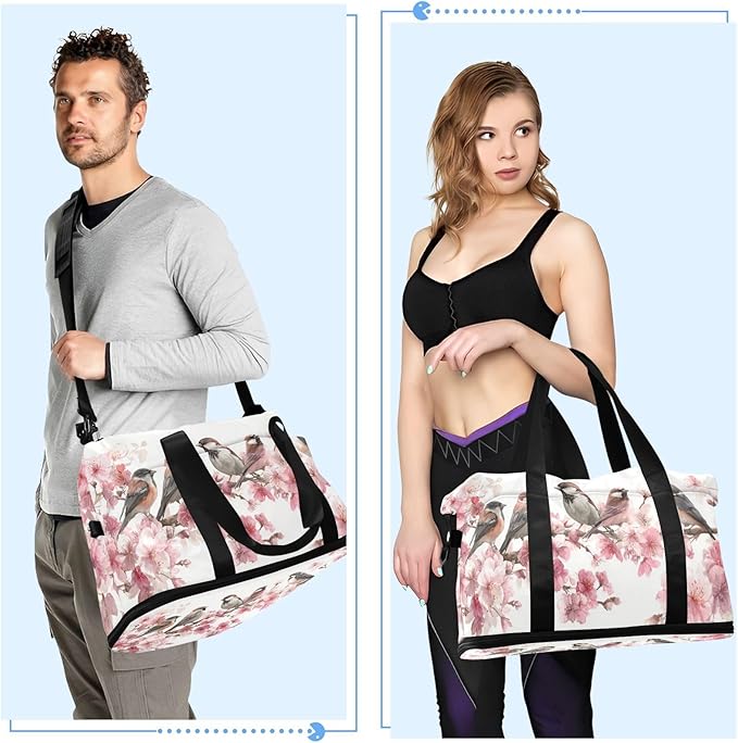 Travel Duffel Bags for Women Cute Songbirds on Cherry Blossom Branch Sports Duffel Bags Gym Bags with Shoes Compartment Tote Bag Weekender Bag for Travelling