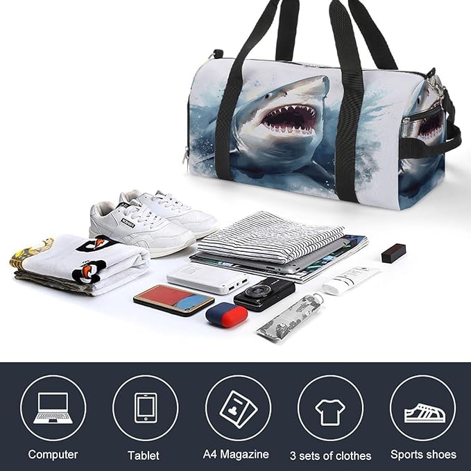 Shark in The Sea Gym Bag Lightweight ，Travel Duffle Bag with Shoe Compartment，Gym Bag for Women for Overnight, Weekend, Yoga, Gym, Business Trips, Sport And Hospital.
