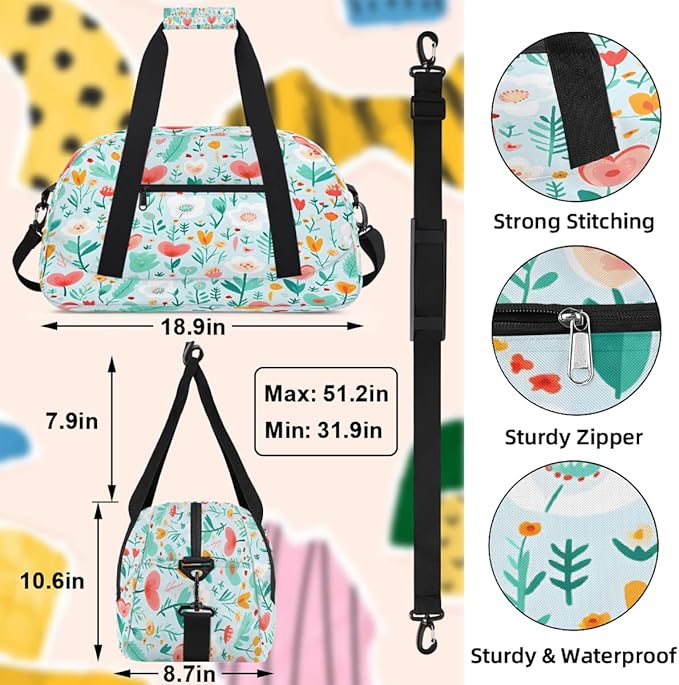 Gym Bag for Women Men, Pink Heart-shaped Flowers Travel Duffle Bags for Dance Ballet Overnight, Carry-On Weekender Bag with Detachable Shoulder Strap