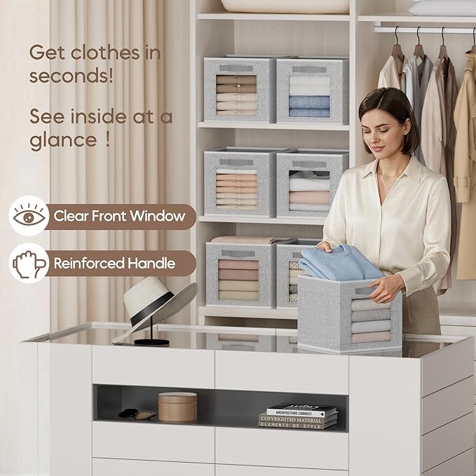 Foldable Storage Cubes - Cubby Storage Organizer with Window, Decorative Baskets for Organizing, 11 Inch Fabric Cube Shelf Bins, Set of 10, Light Gray