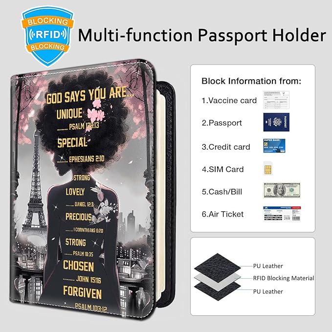 Passport Holder Women Wallet with Luggage Tag, Leather Passport Cover with RFID Blocking, Travel Accessories Multi Card Slot Passport Case for Men，African Girls Inspirational Quotes