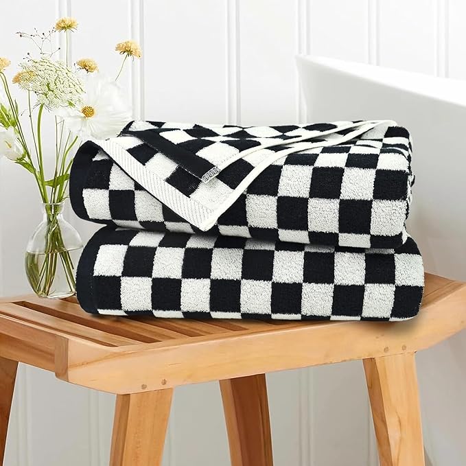 Jacquotha Black & White Checkered Cotton Bath Towels Set of 2 - Cute Aesthetic Towels for Bathroom Decor, Pool, Beach, Spa, 27.5" x 55"