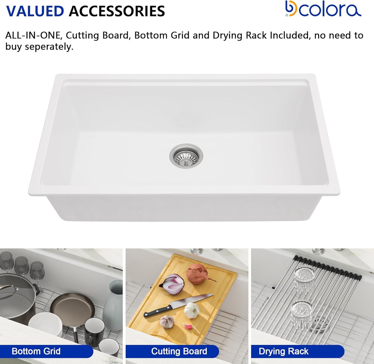 Dcolora 32-Inch Granite Composite White Kitchen Sink, Single Bowl Undermount Workstation Quartz Sink, 32"W x 19"D x 10"H #DC-GU7755